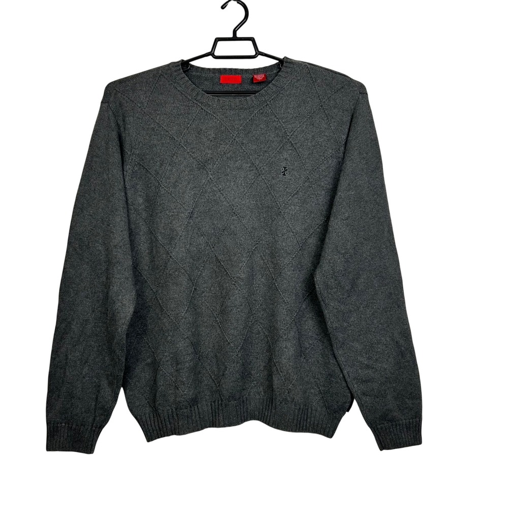 IZOD Sweater Mens Large Gray Argyle Crew Neck Pullover Long Sleeve 100% Cotton
